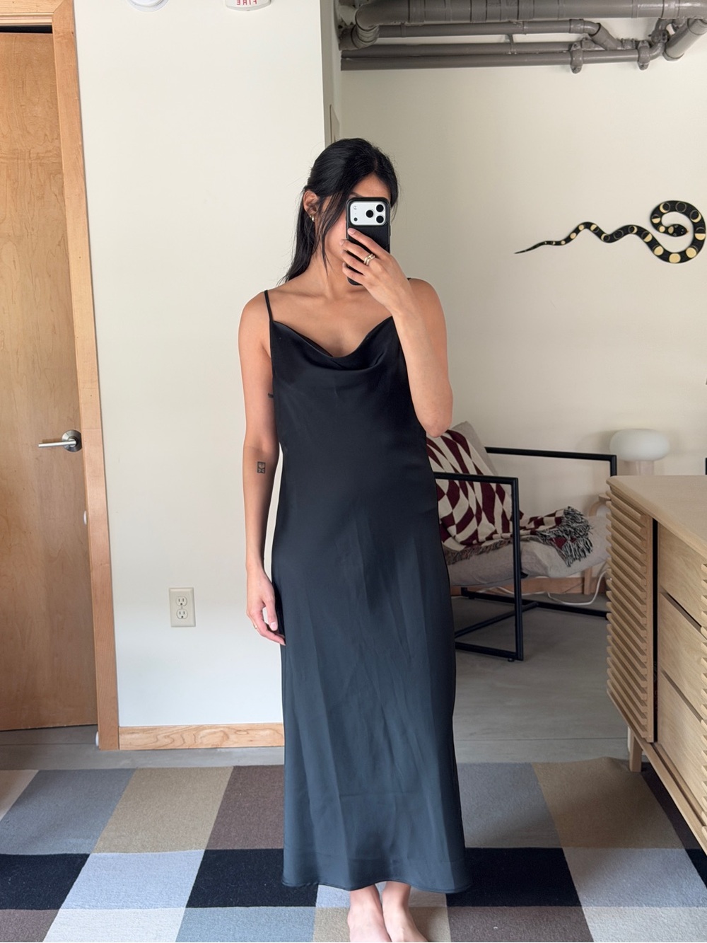 Minimalist Satin Slip Dress - Black